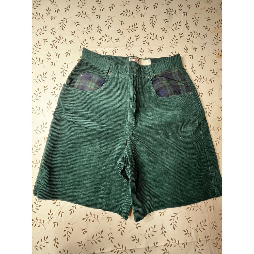 Vintage 90s Palmettos Green Corduroy Shorts Plaid Pocket High Waist Womens 9 28"